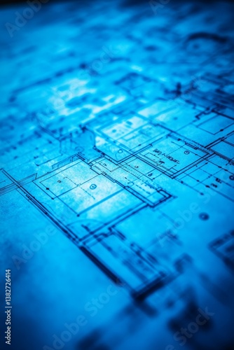 Obraz na płótnie Blue Print Floor Plan, Architectural Design, Draft Drawing With Blue Light, Construction w salonie