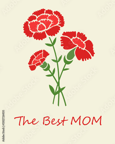 Trendy greeting card with red carnation flowers for Mothers Day holiday. Flat vector illustration