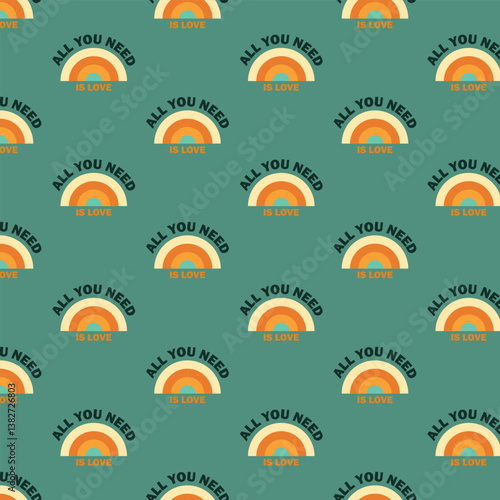 Pattern in the style of the 70s. Rainbow with text Boho.