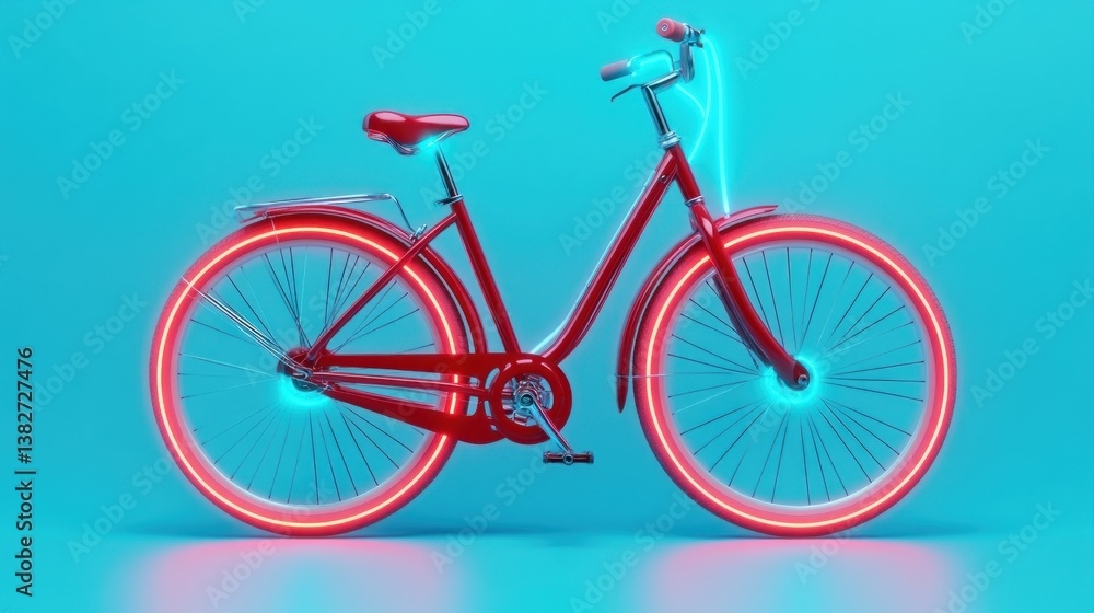 Fototapeta premium Red bicycle, neon glow, blue background, transport