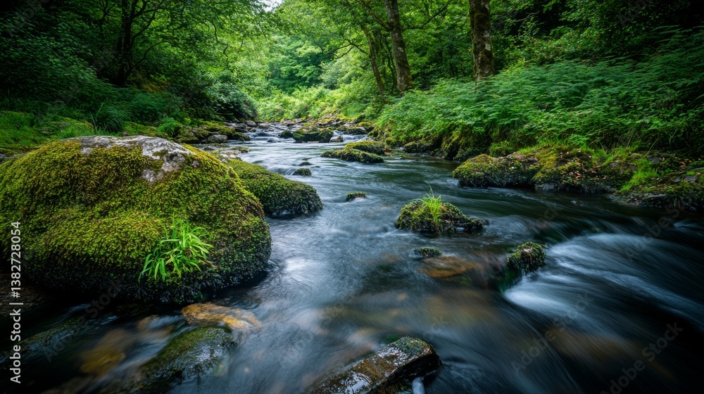 A tranquil river flows through a lush green forest. The scenery captures the essence of peace and nature. Perfect for relaxation and inspiration. Generative AI A tranquil river flows through a lush green forest. The scenery captures the essence of peace and nature. Perfect for relaxation and inspiration. Generative AI