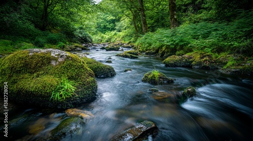 A tranquil river flows through a lush green forest. The scenery captures the essence of peace and nature. Perfect for relaxation and inspiration. Generative AI
