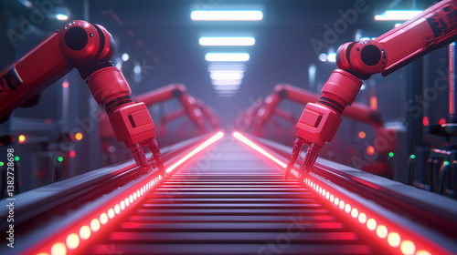 Wallpaper Mural A futuristic scene depicting robotic arms operating on a conveyor belt illuminated by vibrant red lights in a high-tech environment. Torontodigital.ca