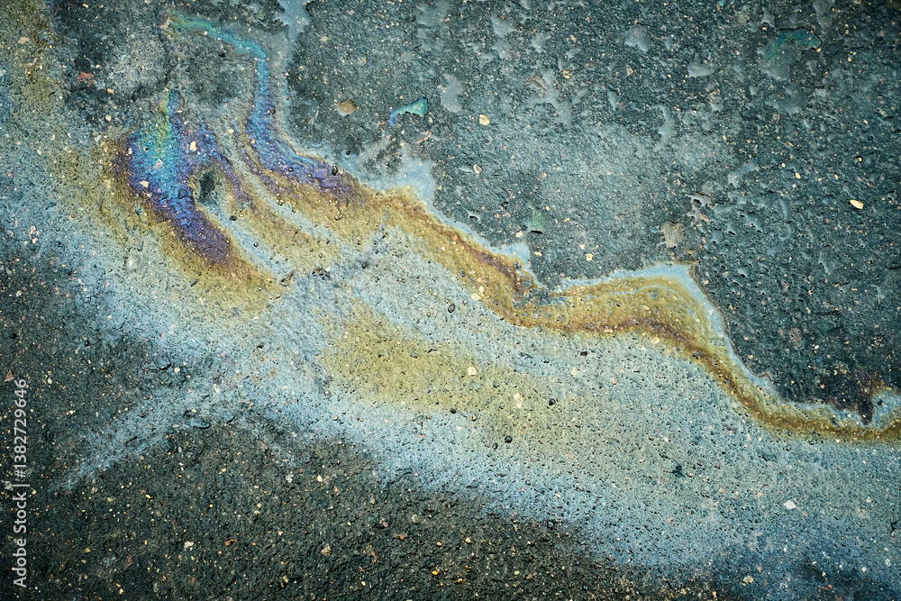 Fototapeta premium Colorful Oil Slick Patterns on Asphalt After Rain Create a Striking Visual Contrast in an Urban Environment.