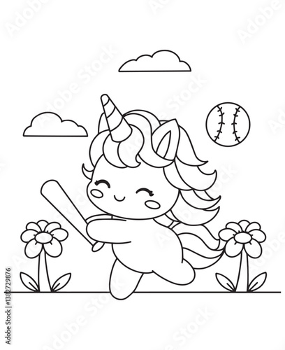 Coloring book unicorn playing baseball, holding a bat, with a baseball, flowers, and clouds around