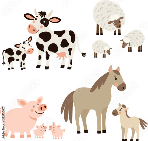 Set of vector illustrations with farm animals in whimsical style. Pigs, cows, horses, and sheep on white background. Cute and playful rural-themed drawings for kids and design projects.