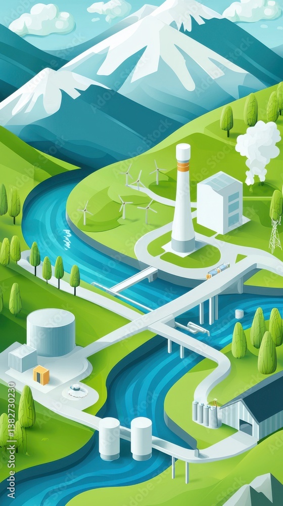 Vibrant Landscape Illustration Featuring Renewable Energy Sources Vibrant Landscape Illustration Featuring Renewable Energy Sources