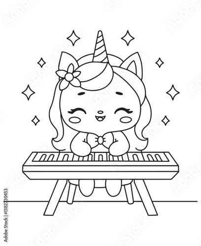 Coloring book unicorn playing a keyboard, with sparkles around. Fun line art for coloring
