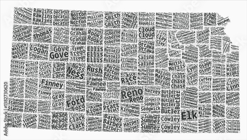 Kansas Text Style Counties. State region names word clouds in the English language. Artistic vector illustration.