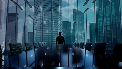 Leading the Change. Businessman Working in Office among Skyscrapers. Hologram Concept
