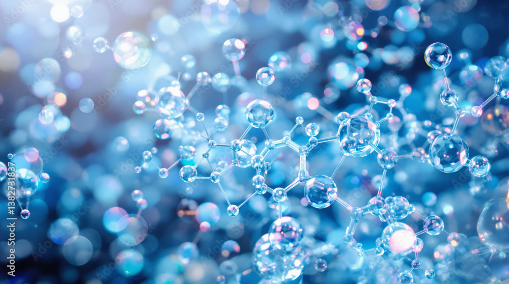 Blue Molecular Structure with Sparkling Water Droplets - Science and Innovation Concept Blue Molecular Structure with Sparkling Water Droplets - Science and Innovation Concept