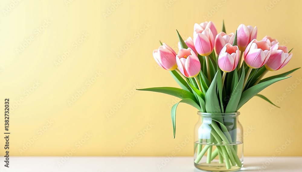 Tulip bouquet in glass vase, minimalist pastel decor Tulip bouquet in glass vase, minimalist pastel decor