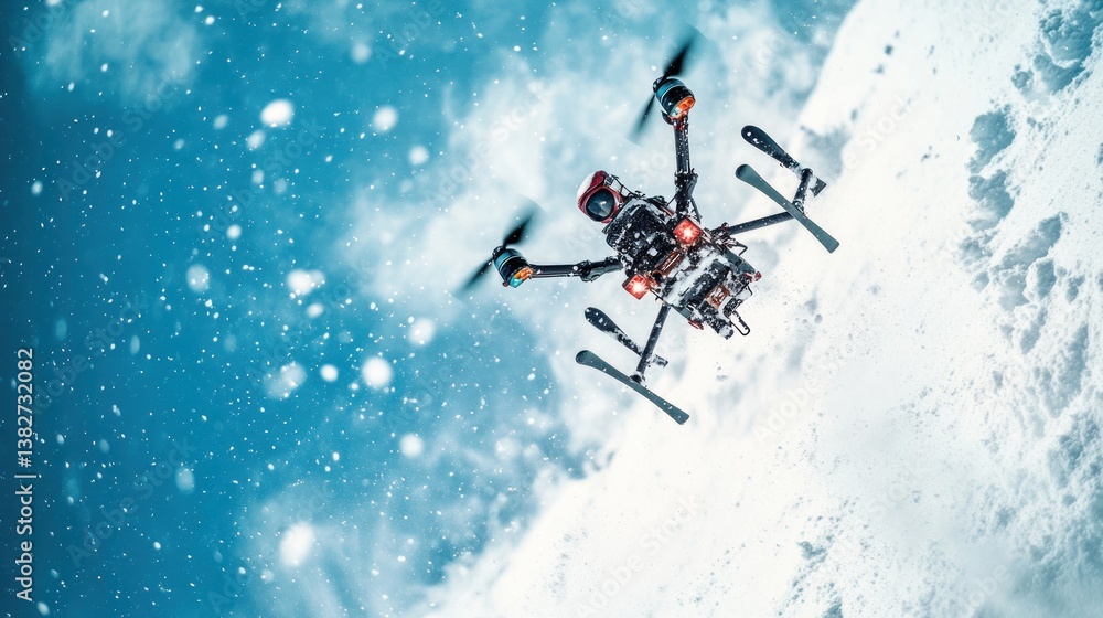 Drone Flying in Snowy Landscape with Skis Attached for Winter Fun