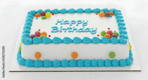 Rectangular Birthday Cake with White Frosting, Blue Border, and Colorful Flower Decorations