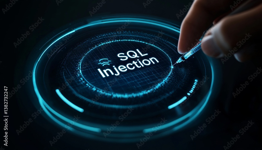 Cybersecurity Threats Hand Interacting with Holographic Interface Displaying SQL Injection Alert.