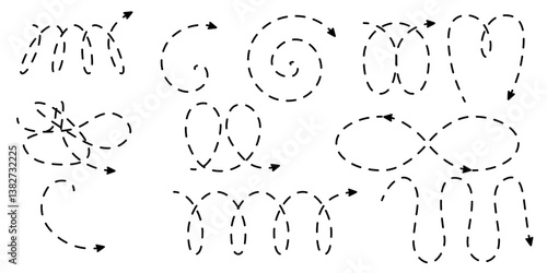 Set of spiral dash arrows in cartoon style. Kawaii vector squiggly loops with pointer. Wavy doodle lines. Isolated vector signs.