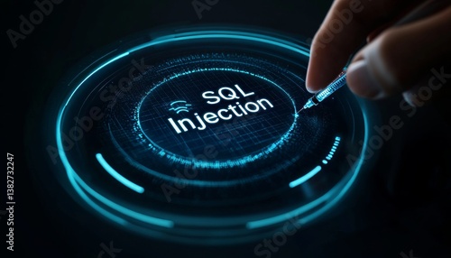 Cybersecurity Threats Hand Interacting with Holographic Interface Displaying SQL Injection Alert.