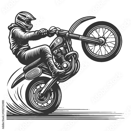 motorcyclist doing wheelie vector illustration