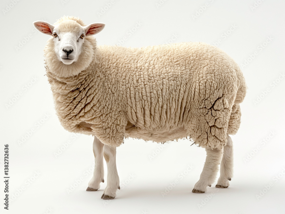 Fototapeta premium A fluffy white sheep standing gracefully against a neutral background, showcasing its soft wool and calm demeanor.