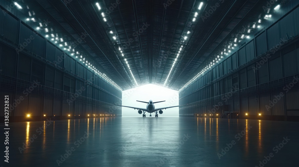 Airplane Inside a Hangar with Interior Lighting and Reflective Floor