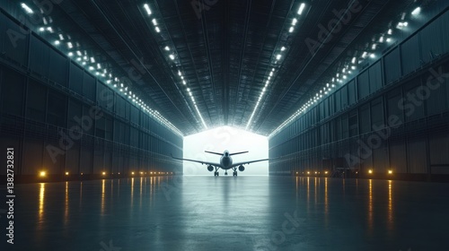Obraz na płótnie Airplane Inside a Hangar with Interior Lighting and Reflective Floor w salonie