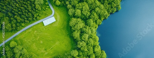 Aerial View of Lush Green Trees and Calm Blue Lake Landscape