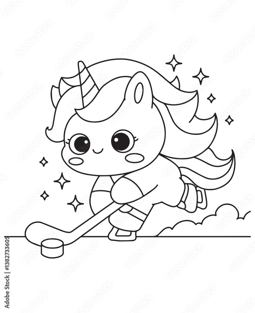 Fototapeta premium Coloring book unicorn playing hockey, with a stick and puck, surrounded by sparkles. Fun line art for coloring