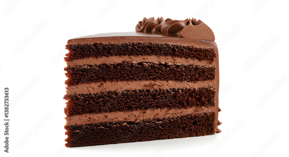 Fototapeta premium Decadent Chocolate Cake Slice – Rich Layers with Ganache Frosting and Cocoa