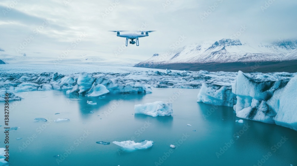 Drone Flying Over Glacial Lagoon with Icebergs and Snowy Mountains