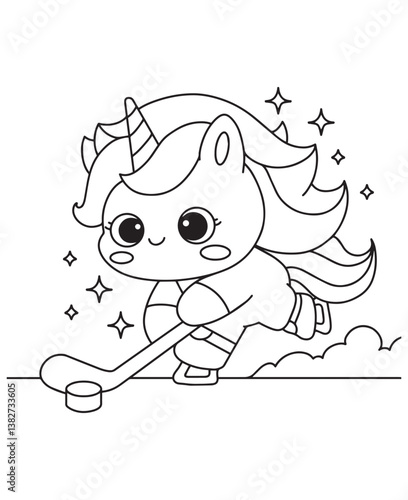 Coloring book unicorn playing hockey, with a stick and puck, surrounded by sparkles. Fun line art for coloring
