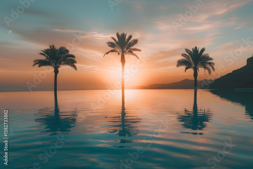 Reflective Oasis with Palm Trees in Desert at Sunset