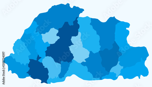 Map of Bhutan with regions. Just a simple country border map with region division. Light blue color palette. Blank Kingdom of Bhutan shape with administrative division. Vector illustration.