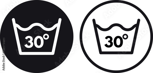 Wash at 30 degree icon set in two styles . Washing icon at 30 temperature degree label icon . Vector illustration