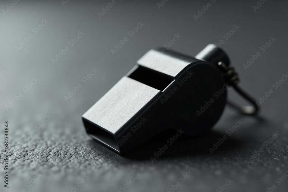 Black plastic whistle, textured surface, angled view, sport, white background Black plastic whistle, textured surface, angled view, sport, white background