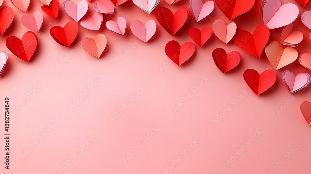 Flat lay of red and pink hearts on soft peach background, ideal for Valentine's Day cards, romantic invitations, or love-themed events. Flat lay of red and pink hearts on soft peach background, ideal for Valentine's Day cards, romantic invitations, or love-themed events.
