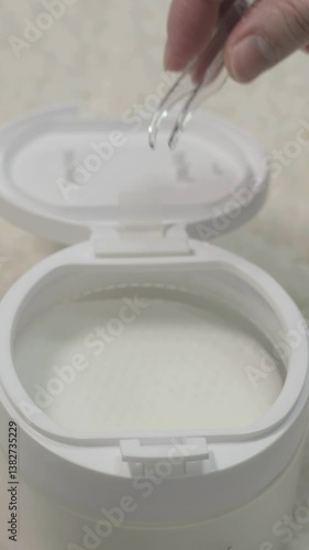 Vertical footage of a woman takes toner pads for face. Clarifying tissues for clogged pores. Moisturizing effect with acids. Anti-wrinkle therapy. 