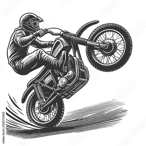 motorcyclist doing wheelie vector illustration