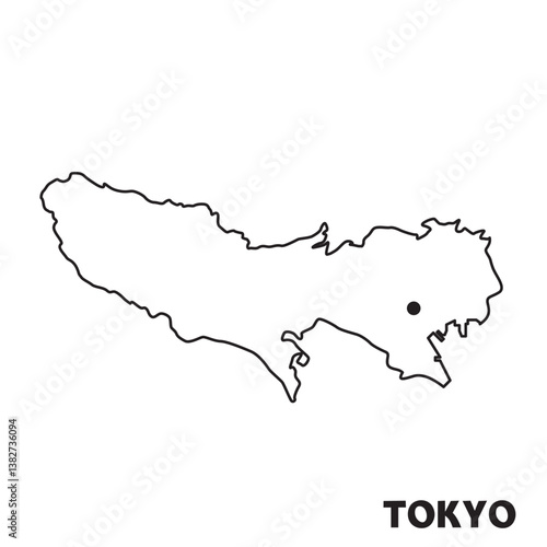 日本の東京都単独の地図イラスト　都道府県別の白地図線画　県庁所在地