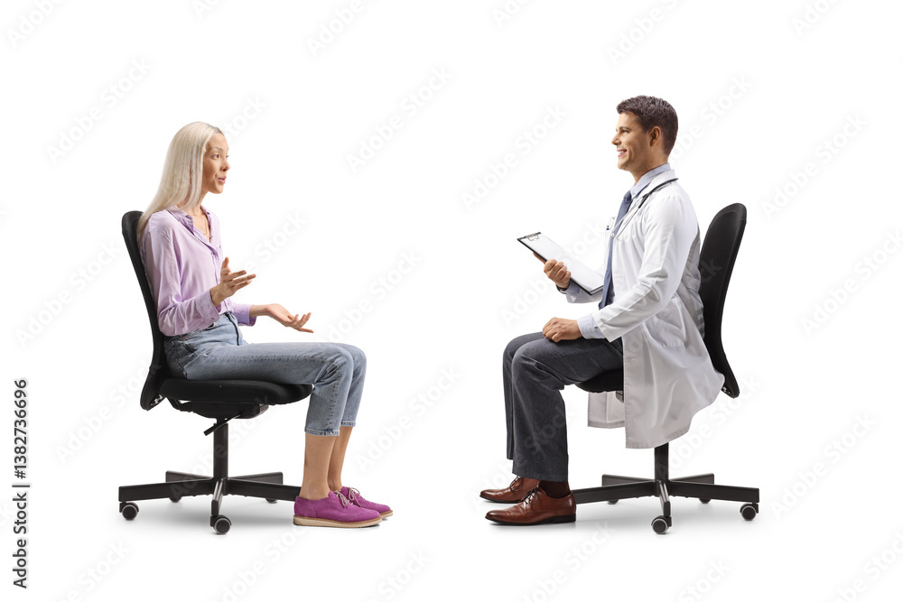 Female patient sitting in a chair and talking to a general practitioner Female patient sitting in a chair and talking to a general practitioner