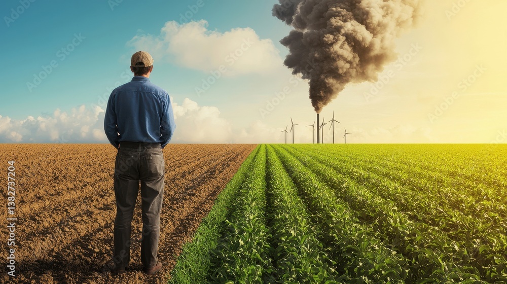 Fototapeta premium Contrast of Agriculture and Pollution in Rural Landscape at Dusk