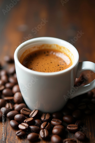 Freshly brewed espresso with a rich golden crema in a white ceramic cup, surrounded by aromatic roasted coffee beans