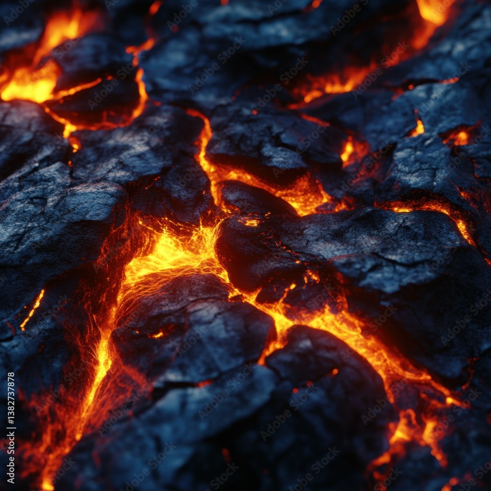 Glowing lava flowing between dark rocks – intense heat and molten earth symbol Glowing lava flowing between dark rocks – intense heat and molten earth symbol