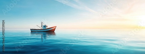 Serene Fishing Boat on Calm Water at Sunrise Over the Horizon