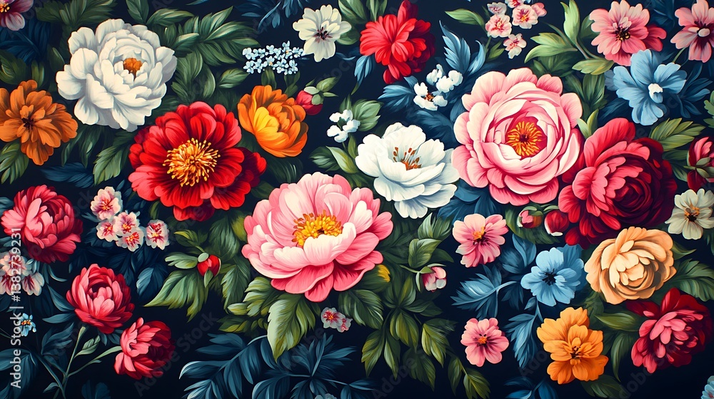 Fototapeta premium Colorful peonies and roses creating floral art wallpapers