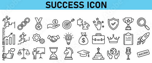 Success line icon set. Contains icons Award, Trophy, Medal, Crown, Winners Podium, Congratulating, Certificate. Vector Icons collection