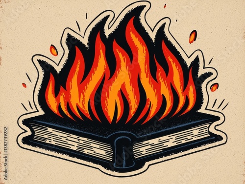 Burning Book Illustration with Flames and Vintage Style Design