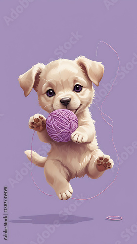 Playful Cute Puppy with Yarn - Adorable Cartoon Artwork featuring Cheerful Pet in a Whimsical Purple Background