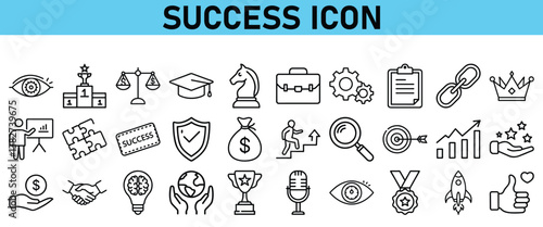 Success line icon set. Contains icons Award, Trophy, Medal, Crown, Winners Podium, Congratulating, Certificate. Vector Icons collection