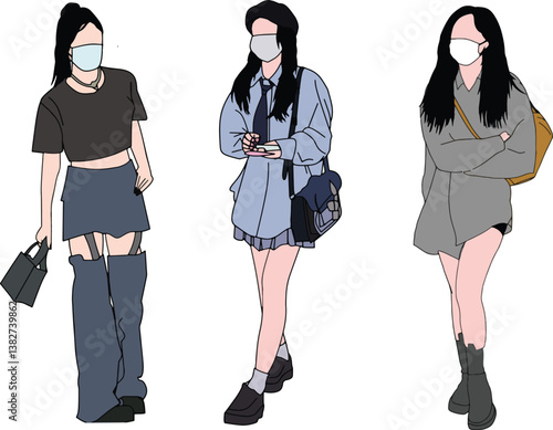 Illustration showing three fashionable women wearing unique outfits and face masks, displaying individual fashion styles and a mix of casual and formal attire. 
