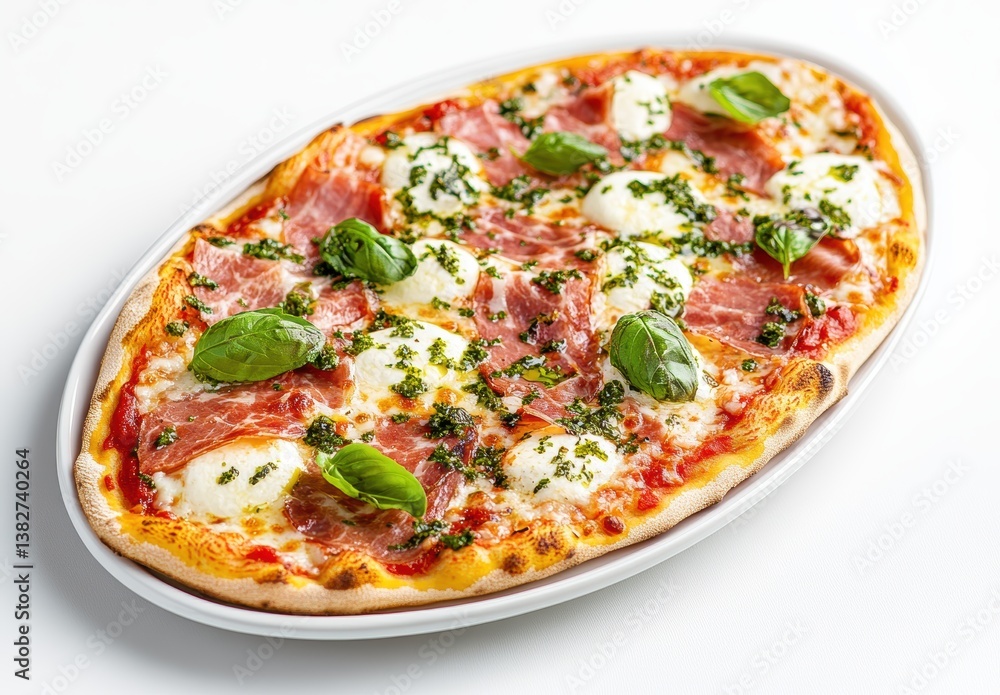 Oval pizza with ham, mozzarella, and basil Oval pizza with ham, mozzarella, and basil